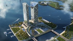 上海臨港最高地標——湖畔雙子塔樓跨越重大節點